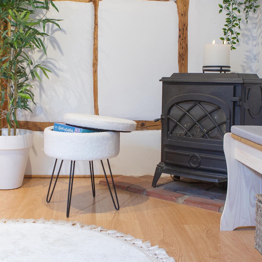 Footstool with Space-Saving, Metal, Round Boucle Storage Cream Harbour Housewares - product gallery image 11