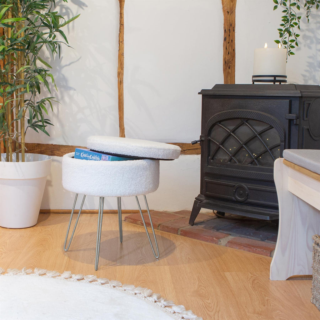 Footstool with Space-Saving, Metal, Round Boucle Storage Cream Harbour Housewares - product gallery image 14