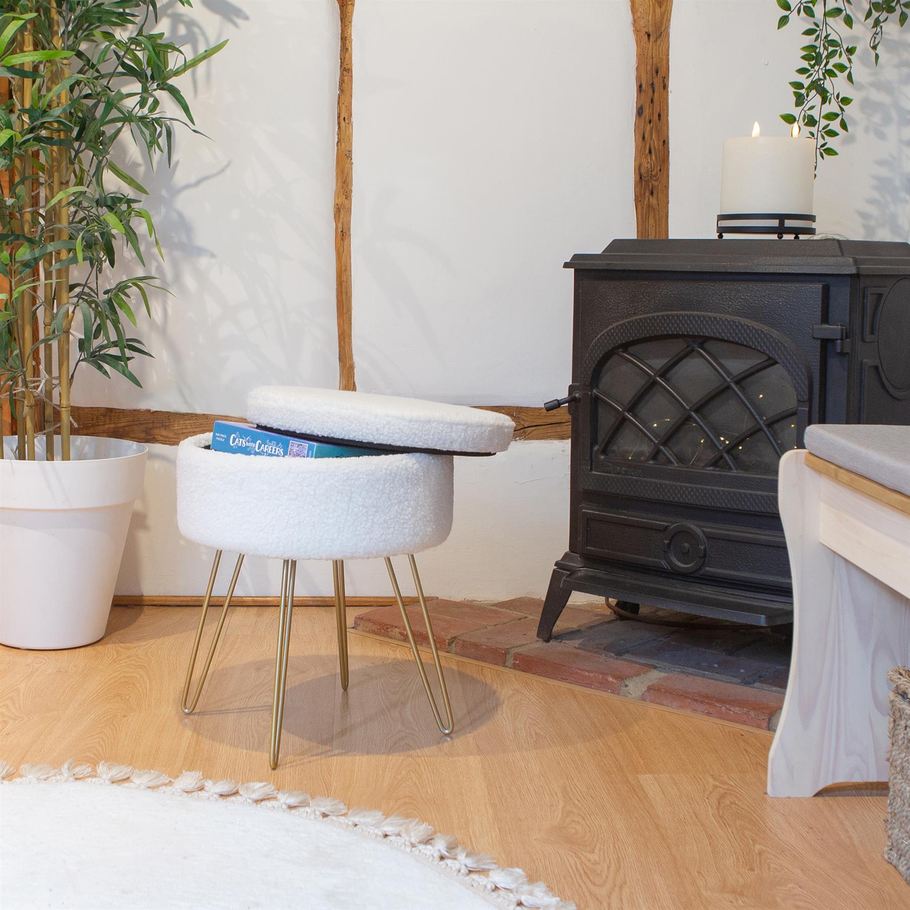 Footstool with Space-Saving, Metal, Round Boucle Storage Cream Harbour Housewares - product gallery image 8
