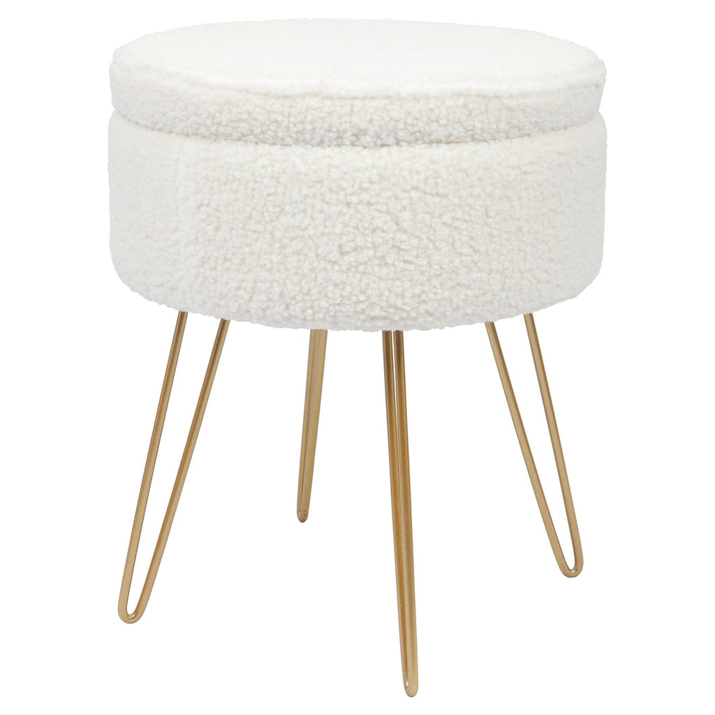 Footstool with Space-Saving, Metal, Round Boucle Storage Cream Harbour Housewares