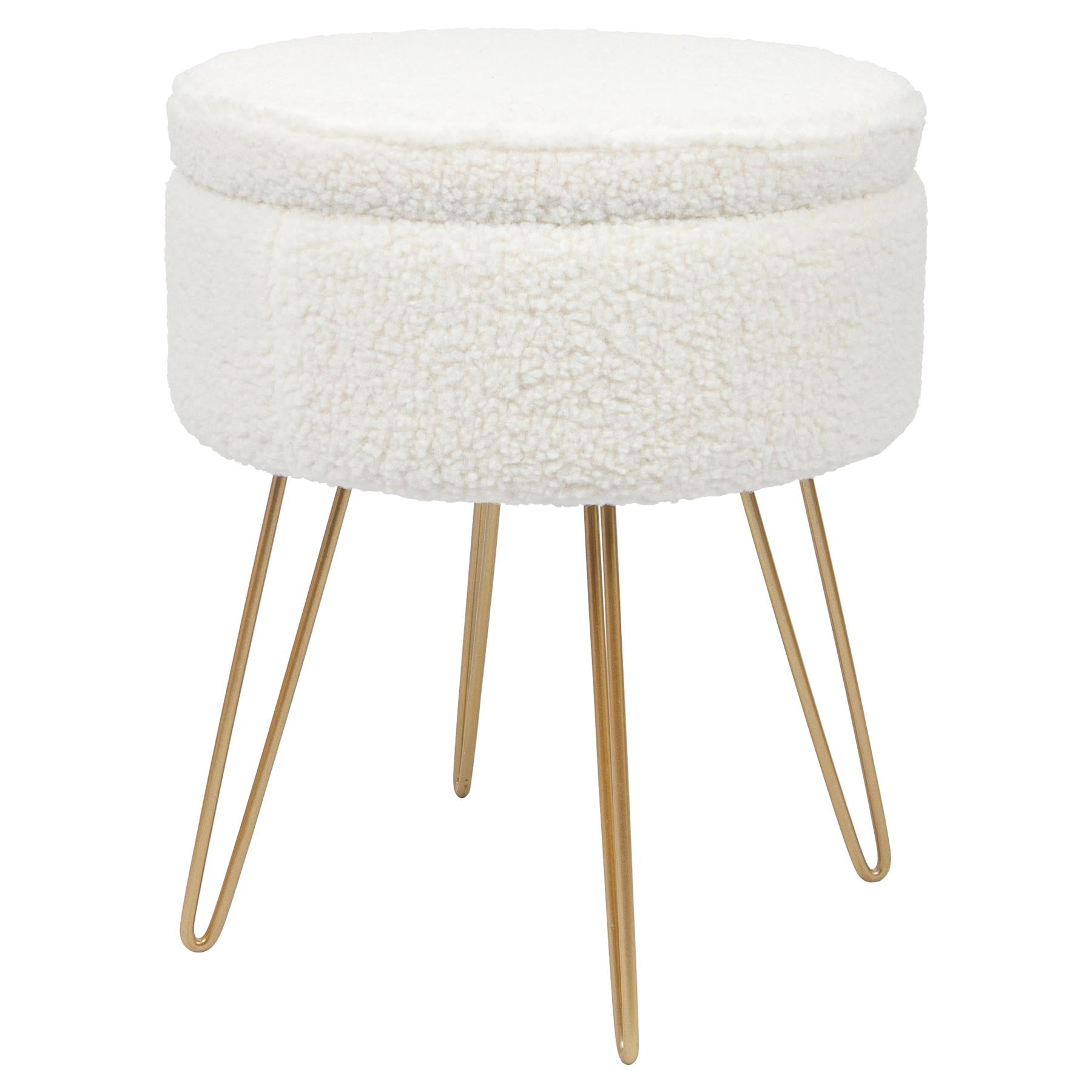 Footstool with Space-Saving, Metal, Round Boucle Storage Cream Harbour Housewares