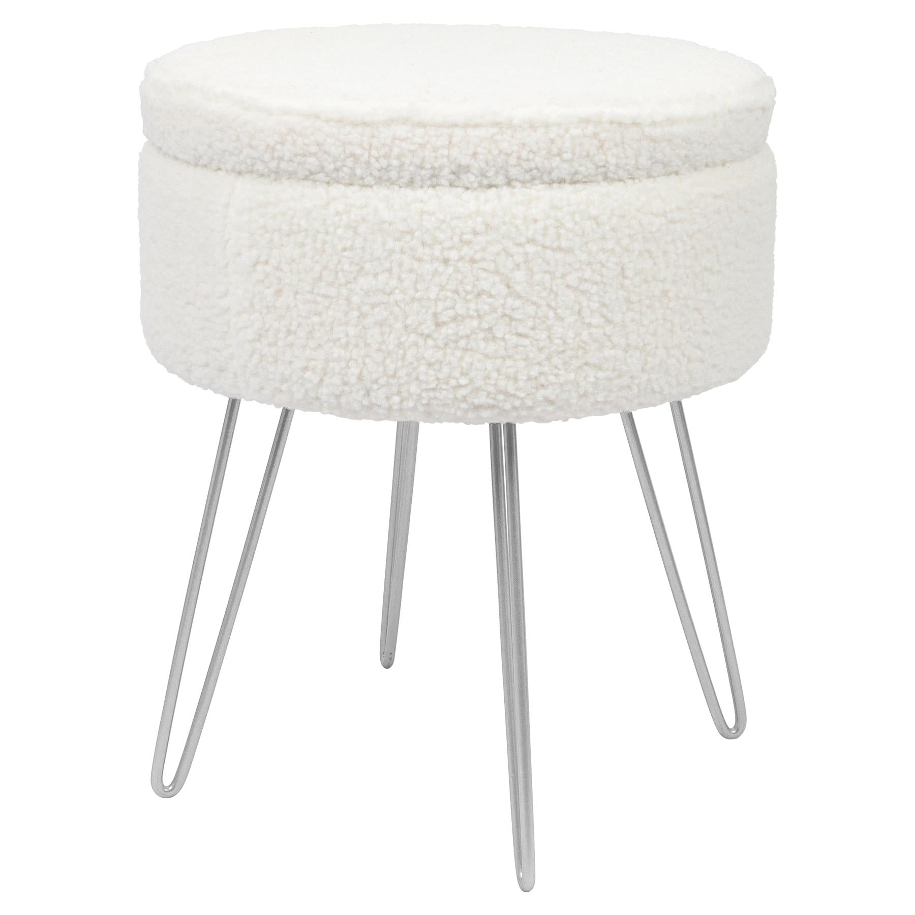 Footstool with Space-Saving, Metal, Round Boucle Storage Cream Harbour Housewares - Silver Legs option