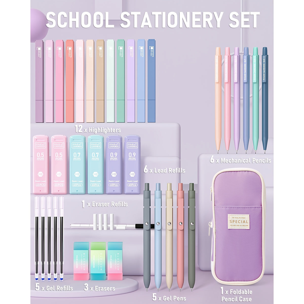 Four Candies 39pcs Cute School Supplie with Supplies Pen Case, Black Ink Gel - product gallery image 2