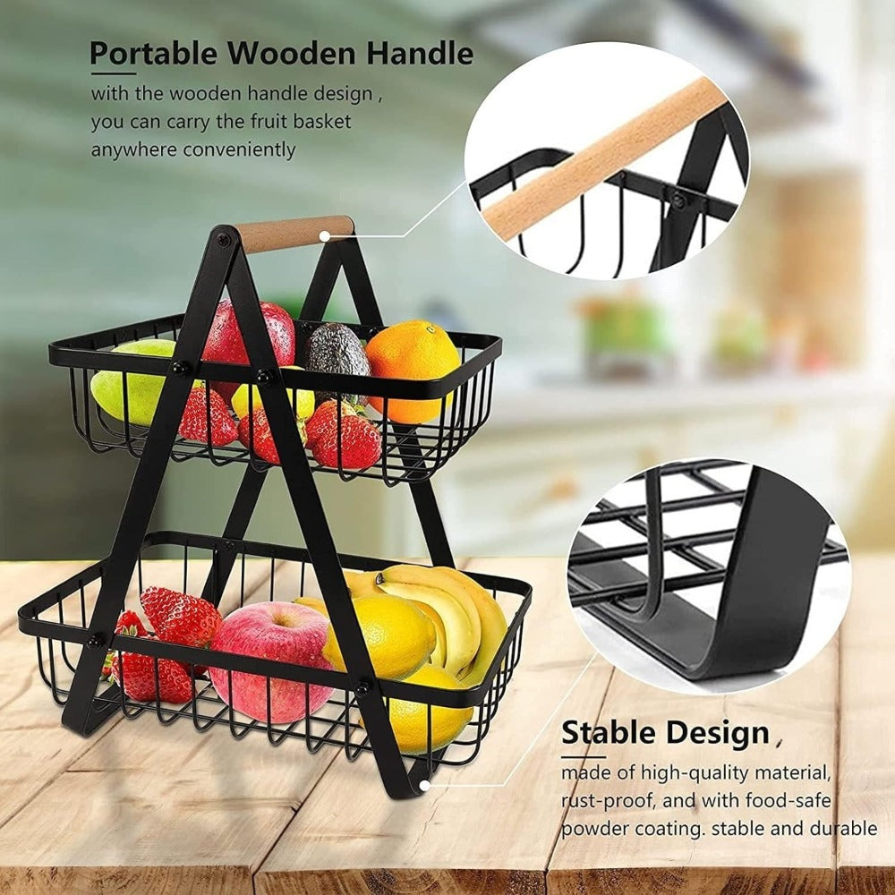 Fruit Basket with Metal, Tier Detachable Metal Bowl Wooden Handle - product gallery image 10
