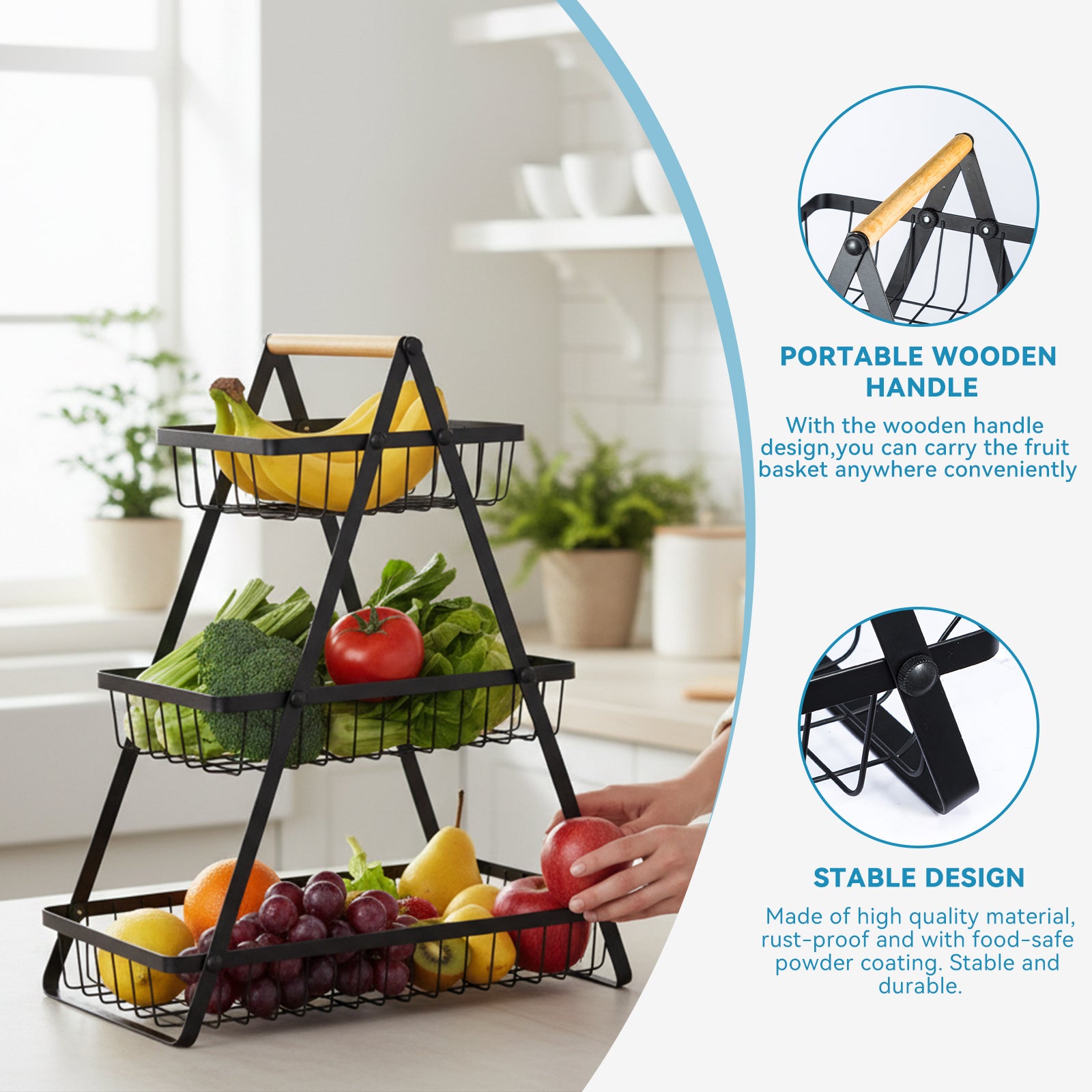 Fruit Basket with Metal, Tier Detachable Metal Bowl Wooden Handle - product gallery image 5