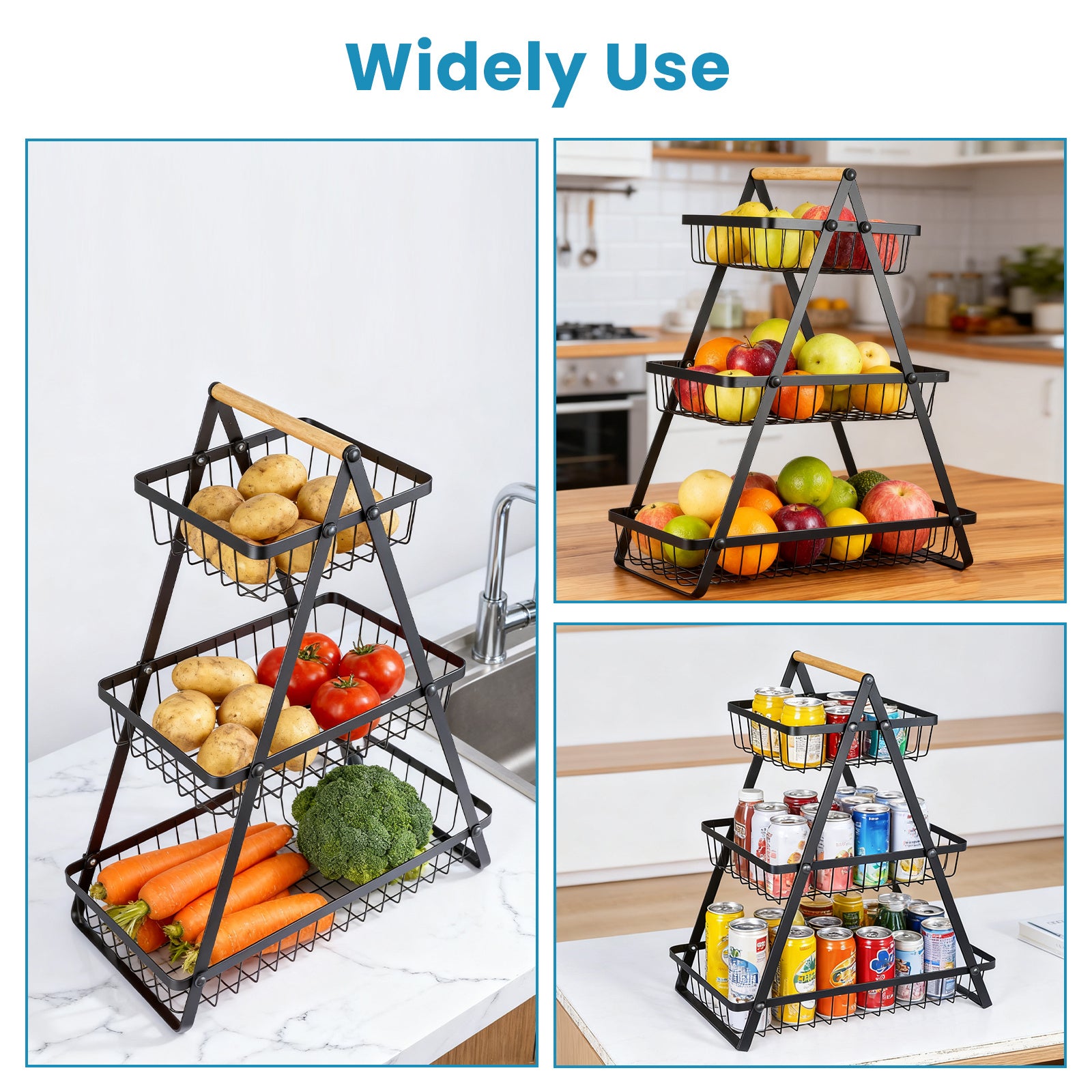 Fruit Basket with Metal, Tier Detachable Metal Bowl Wooden Handle - product gallery image 6