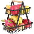 Fruit Basket with Metal, Tier Detachable Metal Bowl Wooden Handle