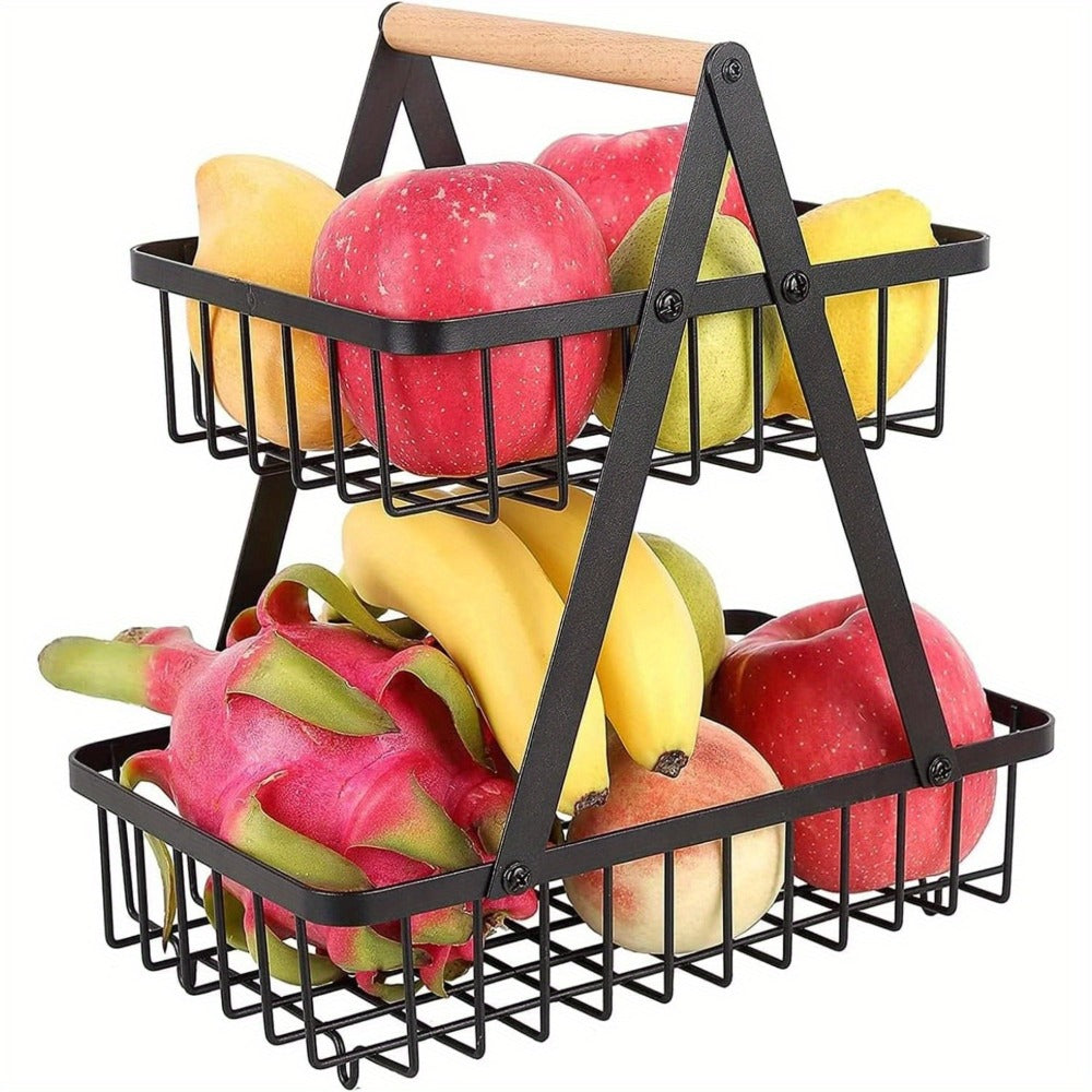 Fruit Basket with Metal, Tier Detachable Metal Bowl Wooden Handle