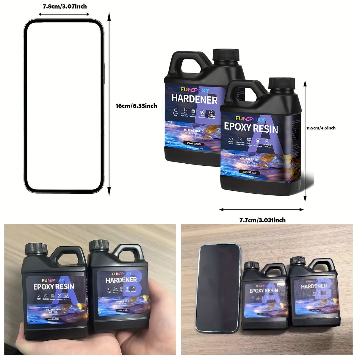FUNEPOXY Epoxy Resin 500ML Kit, Crystal with 1L(0.25L Resin+0.25L Hardener) - product gallery image 2