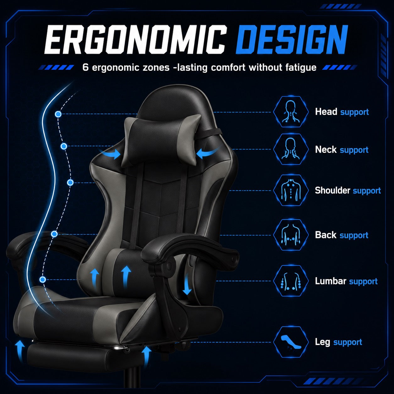 Gaming Chair with Adjustable Height, Lumbar Support, Pull-Out - product gallery image 2