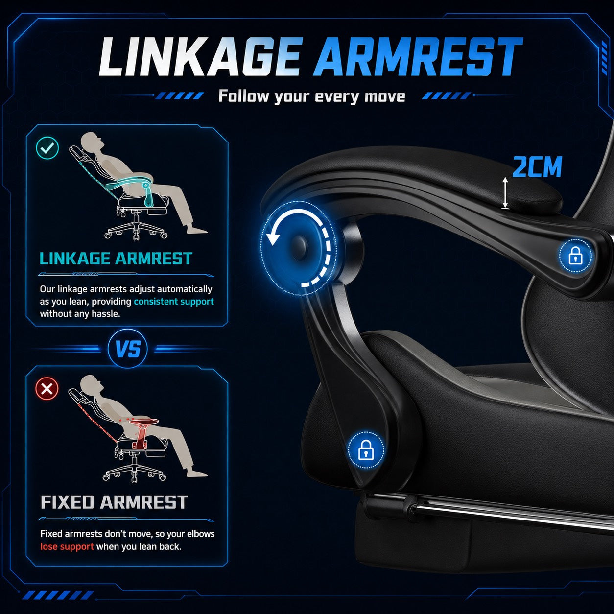 Gaming Chair with Adjustable Height, Lumbar Support, Pull-Out - product gallery image 8