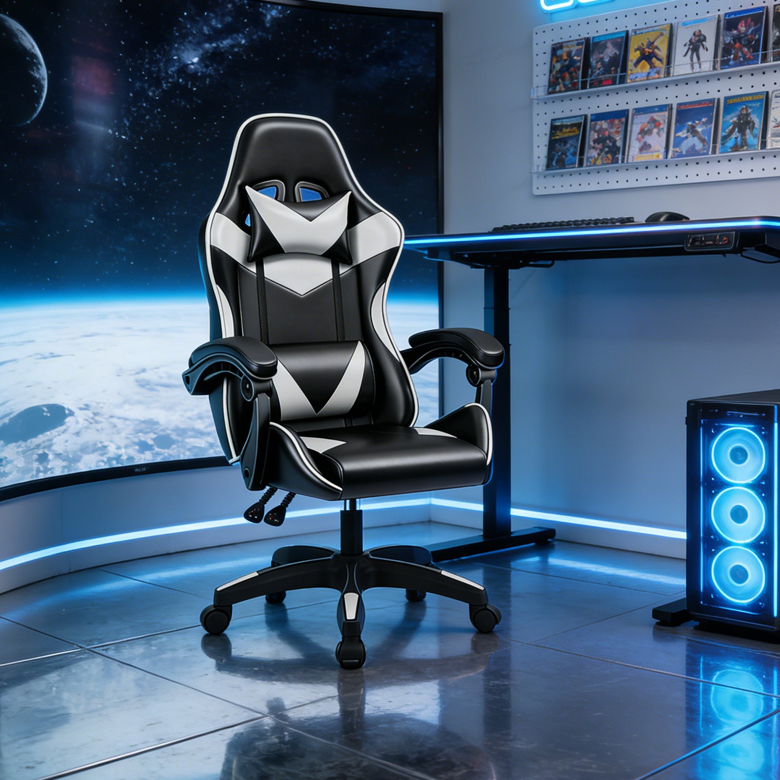Gaming Chair with Adjustable Height, Lumbar Support, Wheels - product gallery image 2