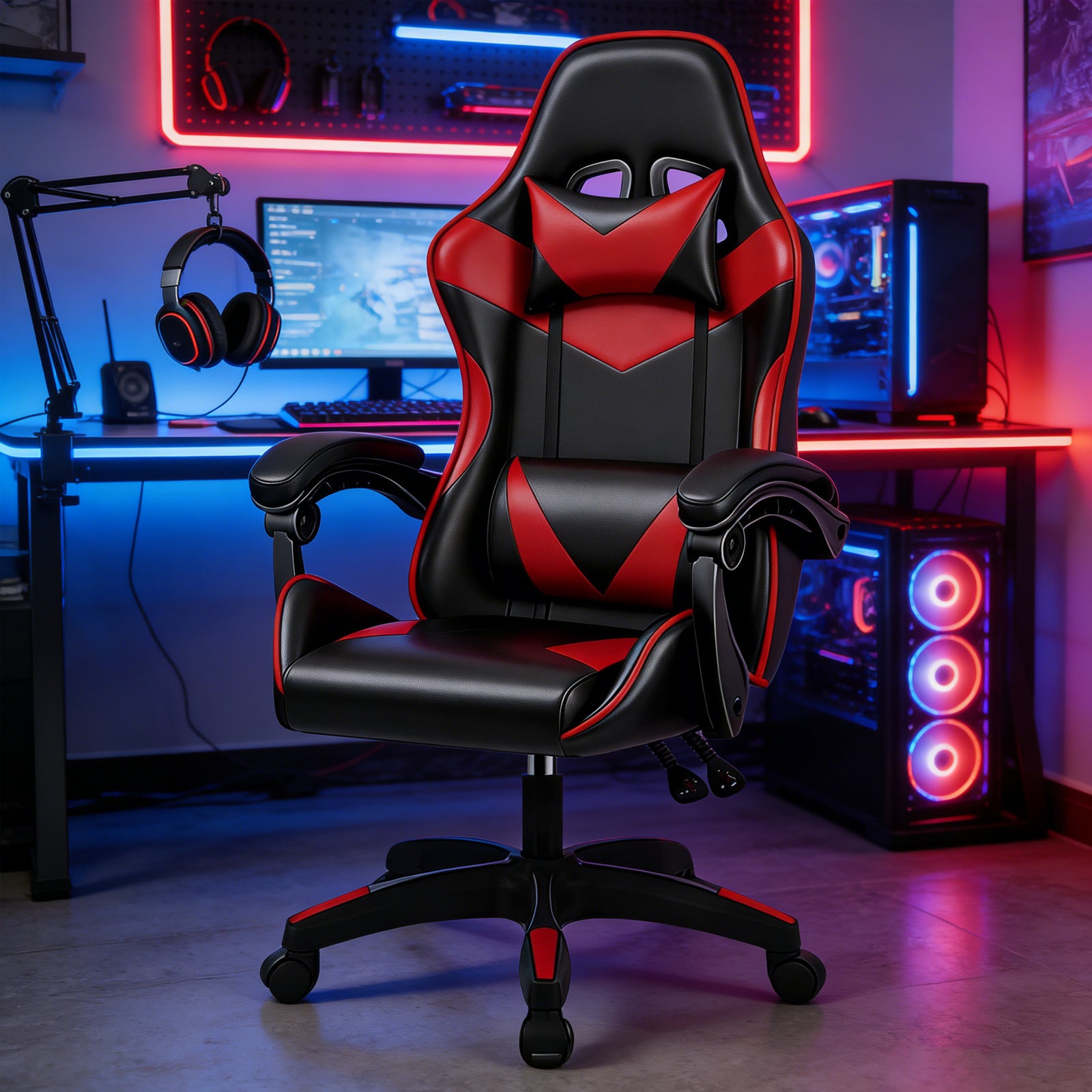Gaming Chair with Adjustable Height, Lumbar Support, Wheels - Five-wheel red gaming chair option