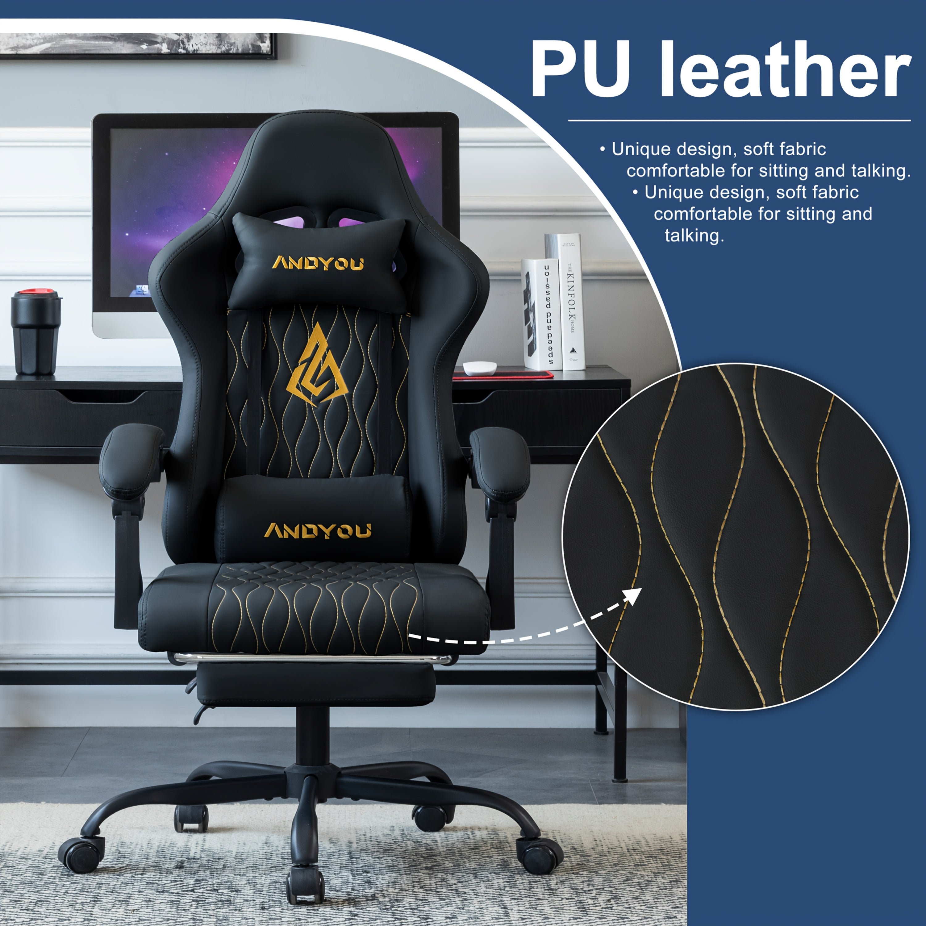 Gaming Chair with Lumbar Support, Metal, Footrest Reclining Backrest 90-155°, PU - product gallery image 2