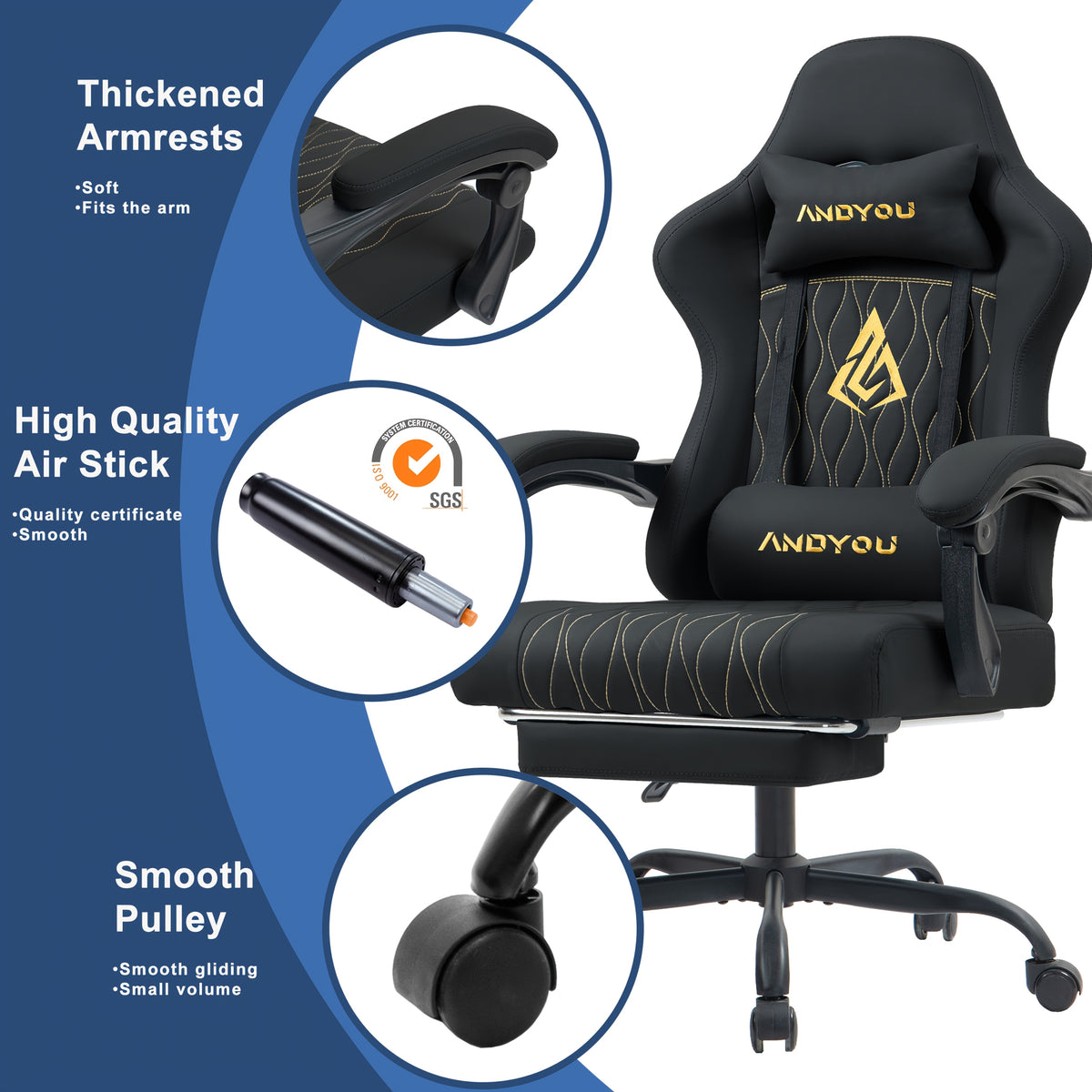 Gaming Chair with Lumbar Support, Metal, Footrest Reclining Backrest 90-155°, PU - product gallery image 5