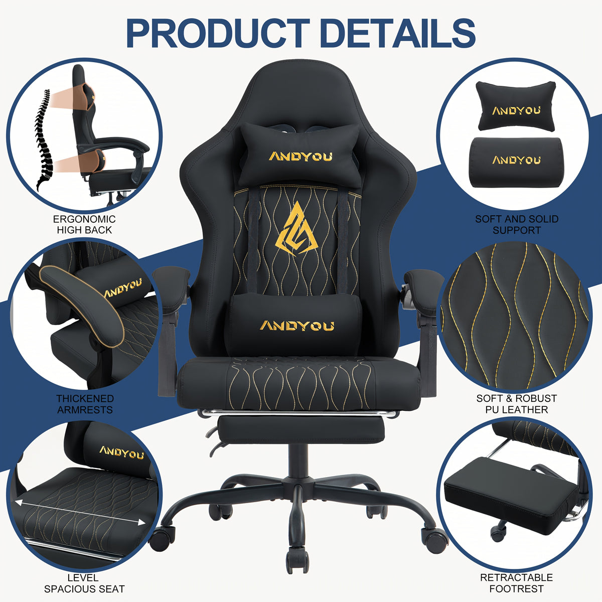 Gaming Chair with Lumbar Support, Metal, Footrest Reclining Backrest 90-155°, PU - product gallery image 6