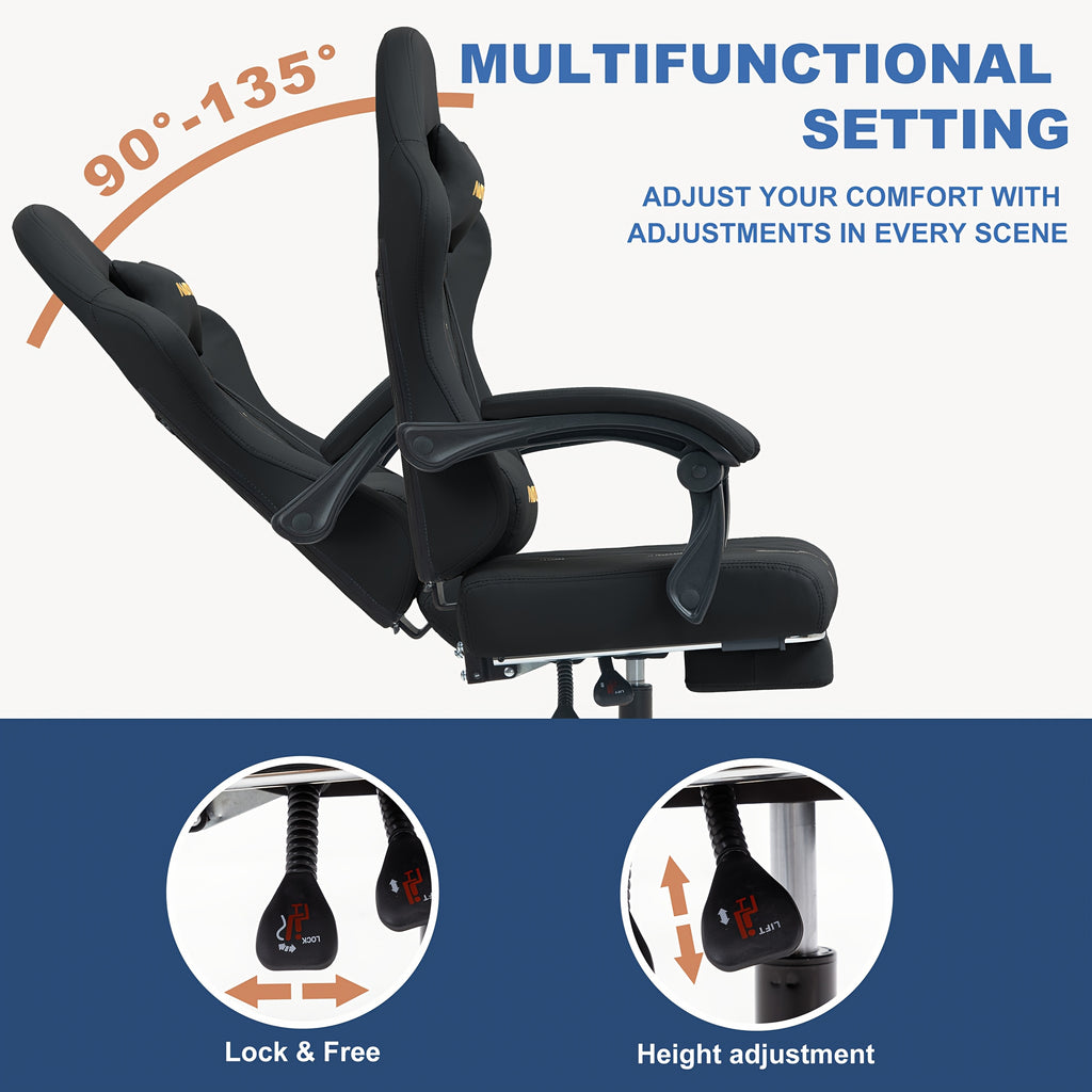 Gaming Chair with Lumbar Support, Metal, Footrest Reclining Backrest 90-155°, PU - product gallery image 7