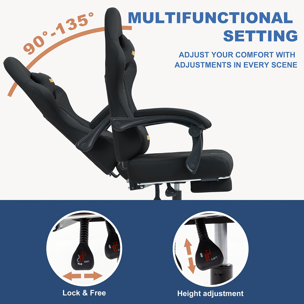 Gaming Chair with Lumbar Support, Metal, Footrest Reclining Backrest 90-155°, PU - product gallery image 7