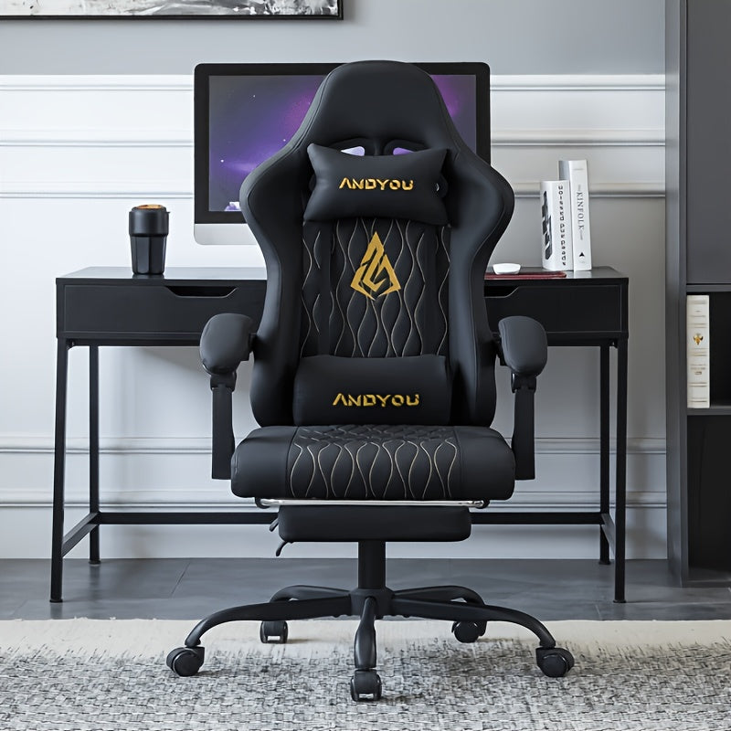 Gaming Chair with Lumbar Support, Metal, Footrest Reclining Backrest 90-155°, PU