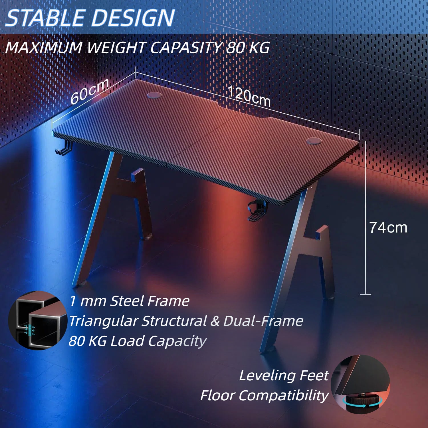 Gaming Desk with Foldable, 50 cm, Cup Holder Headphone Hook A-Shaped Carbon - product gallery image 5
