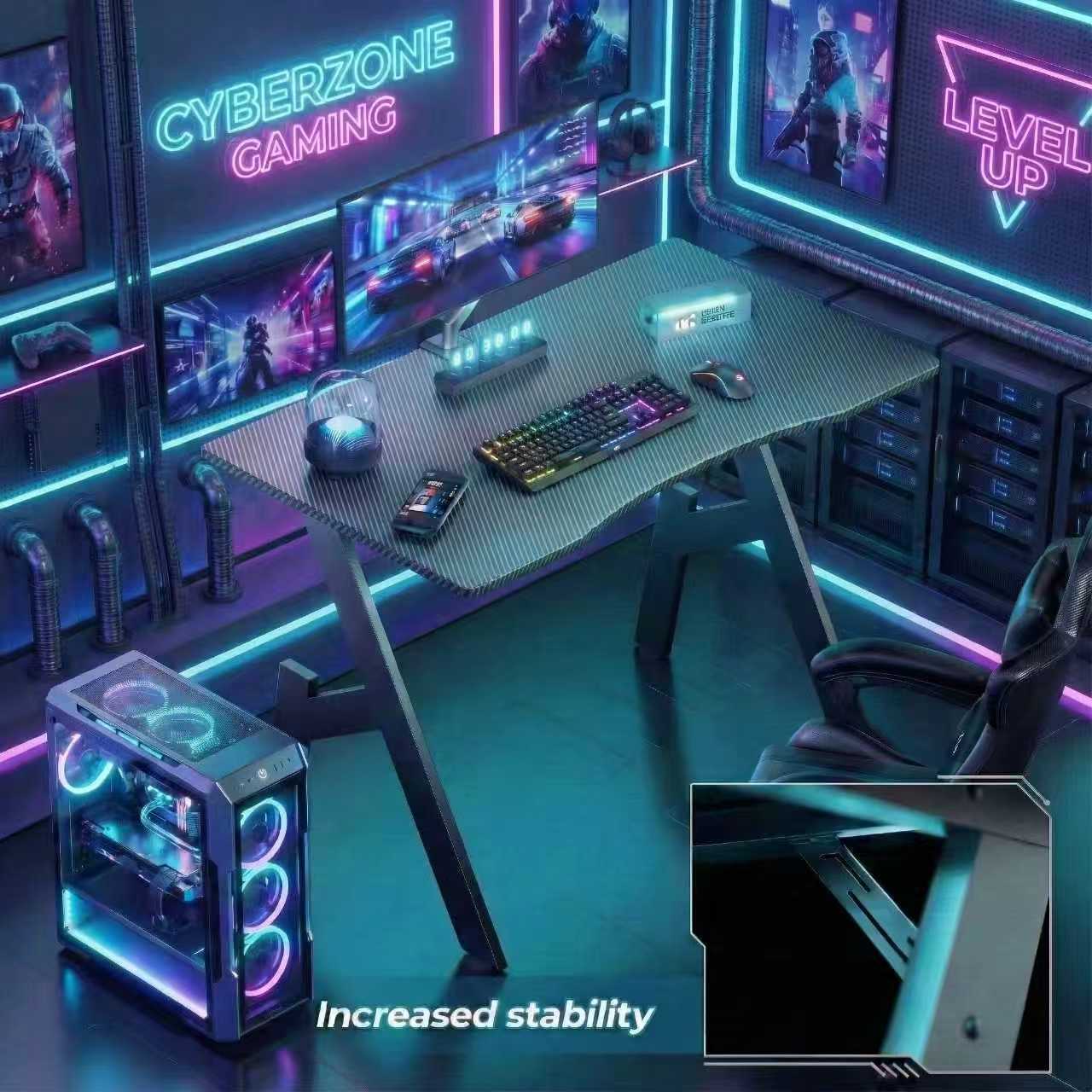 Gaming Desk with Foldable, 50kg, Carbon Fibre A-Shaped Steel Frame Ergonomic - product gallery image 5