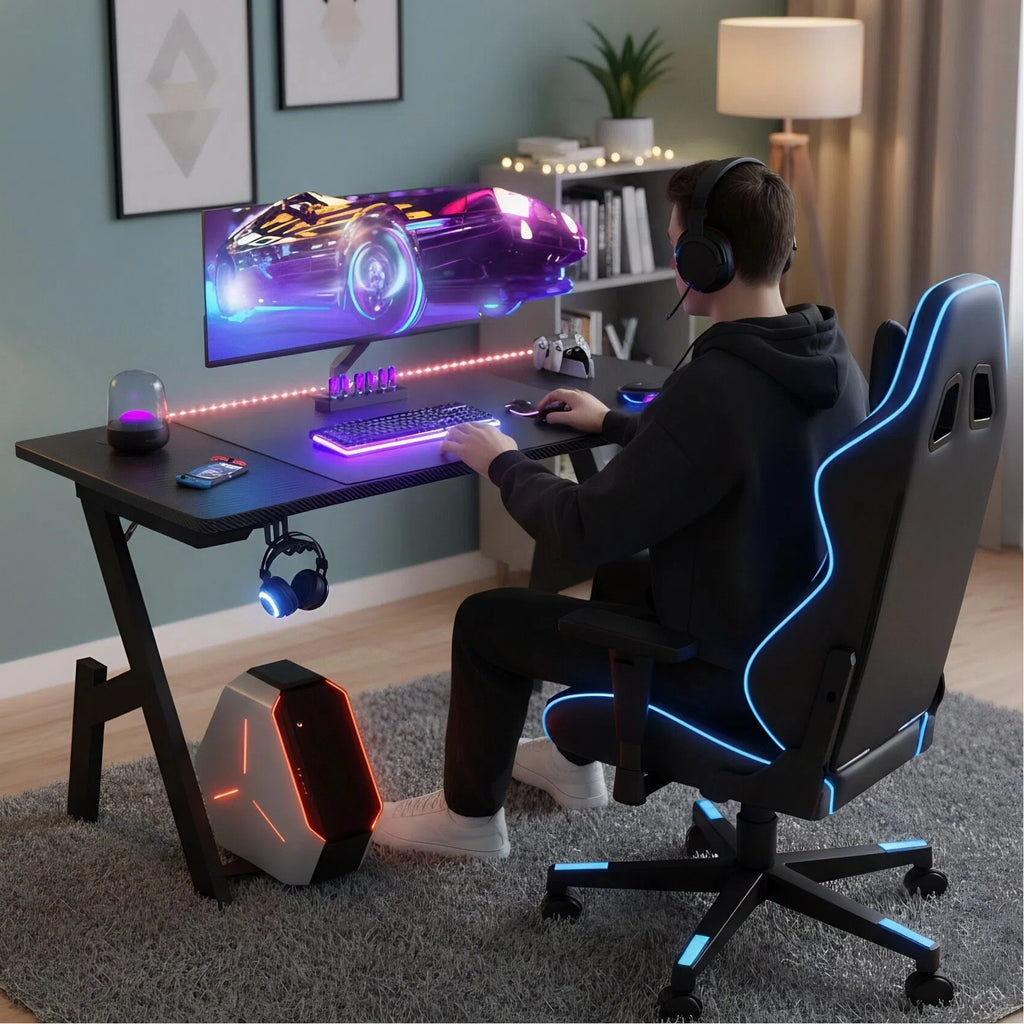 Gaming Desk with Foldable, 50kg, Carbon Fibre A-Shaped Steel Frame Ergonomic - product gallery image 7