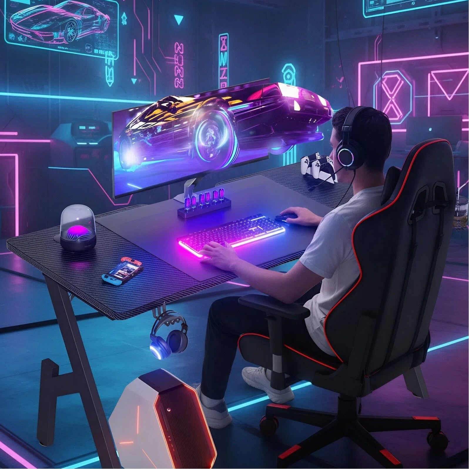 Gaming Desk with Foldable, 50kg, Carbon Fibre A-Shaped Steel Frame Ergonomic - product gallery image 8