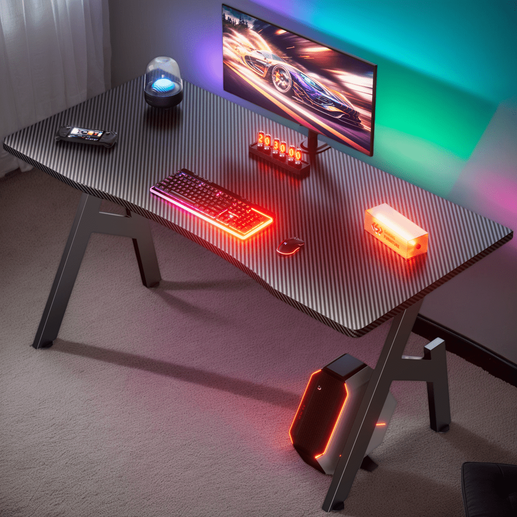 Gaming Desk with Foldable, 50kg, Carbon Fibre A-Shaped Steel Frame Ergonomic