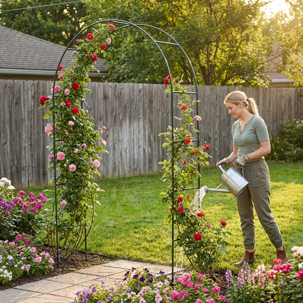 Garden Arch with Green Climbing Plants, Roses Clematis Outdoor