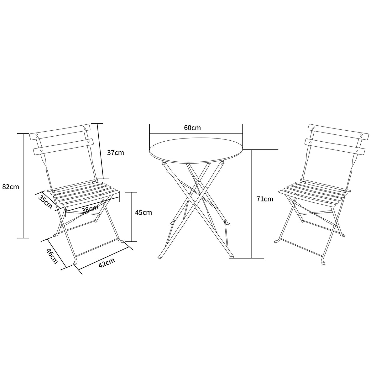 Garden Bistro Set with Foldable, 60cm, Metal, 2 Chairs - product gallery image 5