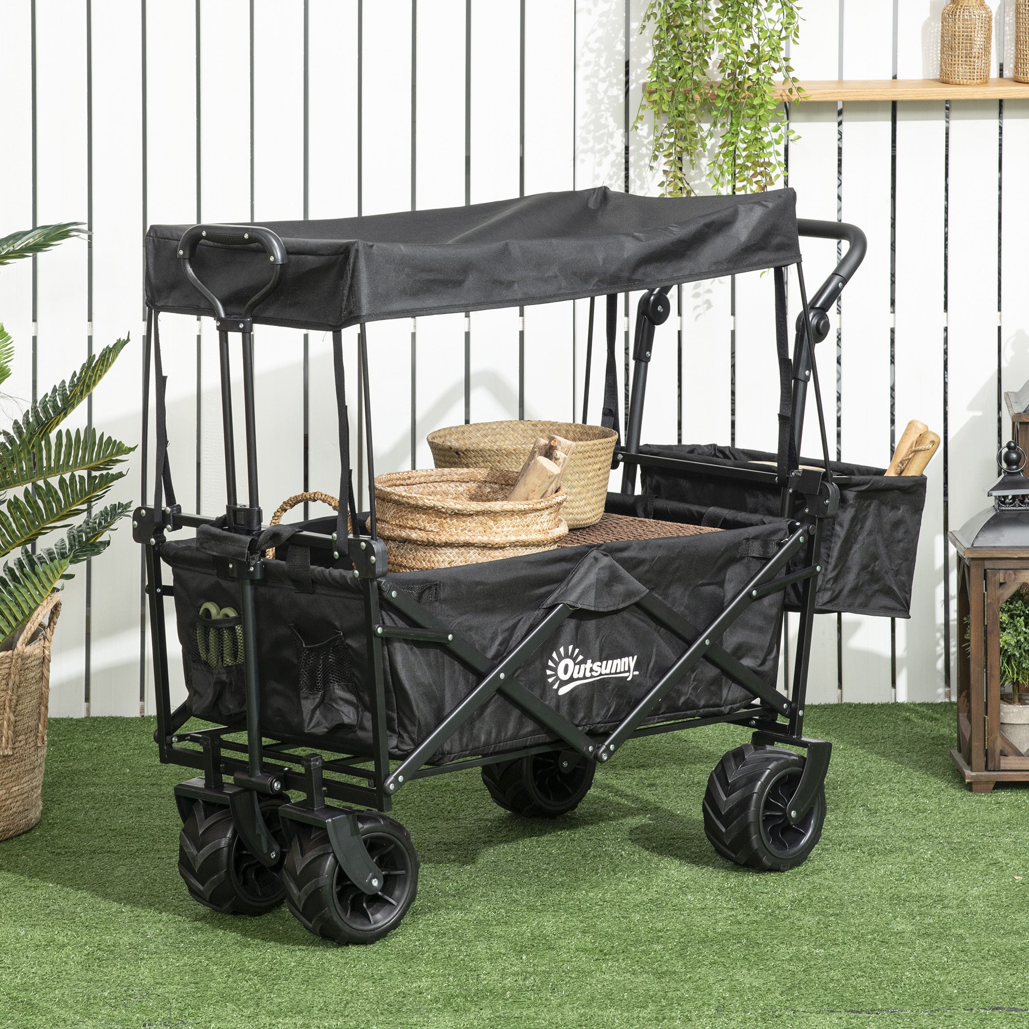 Garden Cart with Foldable, Wheels, Folding Pull-Along Wagon Removable Canopy - product gallery image 2