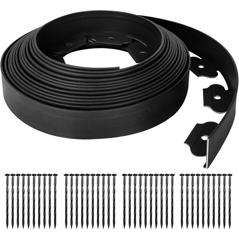 Garden Edging with 10m, 20m, Wood, Border 10m 20m No-Dig Flexible Plastic - Black, 1000L x 6H cm with 40 Pegs option