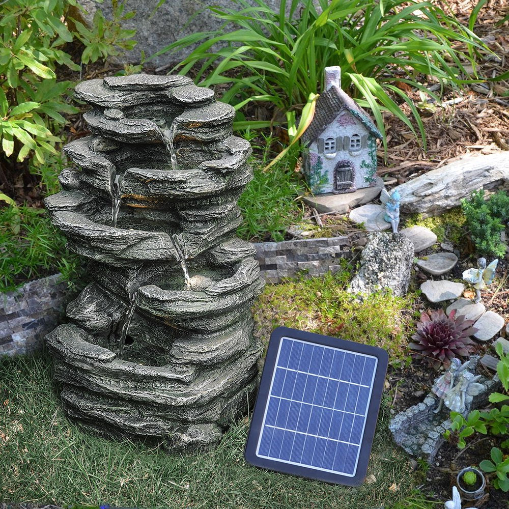 Garden Fountain with 46cm, 27*23*46 CM, Stone-Effect Rockery LED Water Feature