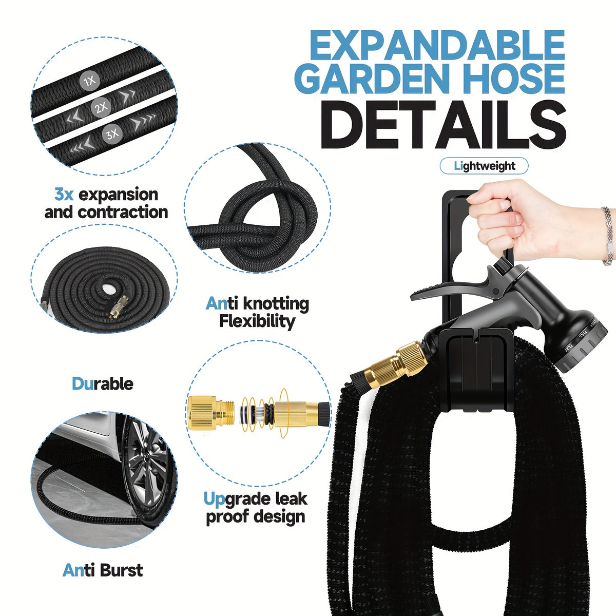Garden Hose with Leakproof, 25ft, 150ft, Heavy Duty Non-Expandable Solid Brass Fittings - product gallery image 3