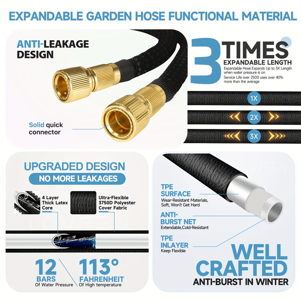 Garden Hose with Leakproof, 25ft, 150ft, Heavy Duty Non-Expandable Solid Brass Fittings - product gallery image 5