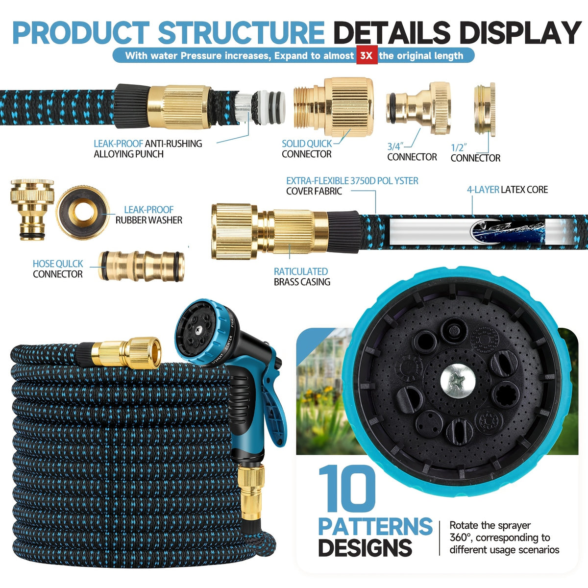 Garden Hose with Leakproof, 7.62m, 45.72m, Expandable 8-Function Spray Nozzle Heavy-Duty - product gallery image 2