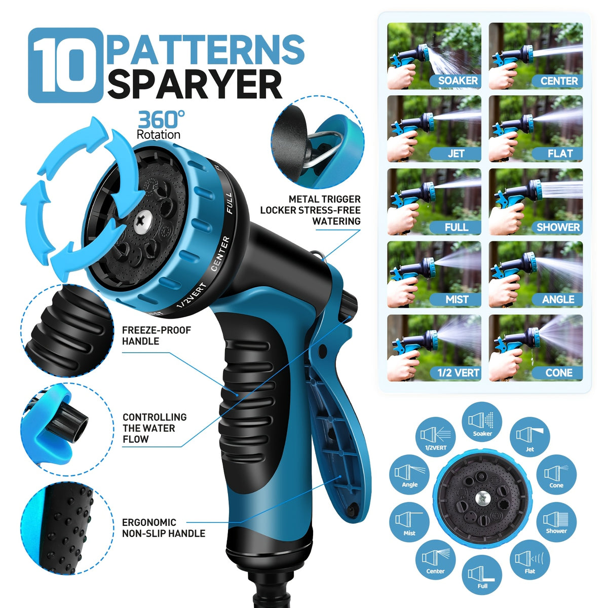 Garden Hose with Leakproof, 7.62m, 45.72m, Expandable 8-Function Spray Nozzle Heavy-Duty - product gallery image 6