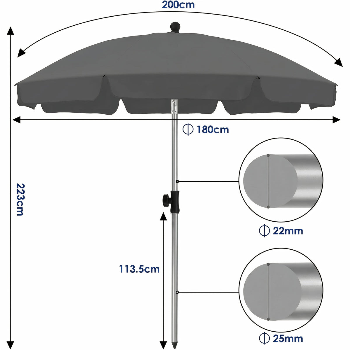 Garden Parasol with 2x2m Round Market Umbrella Steel Ribs - product gallery image 2