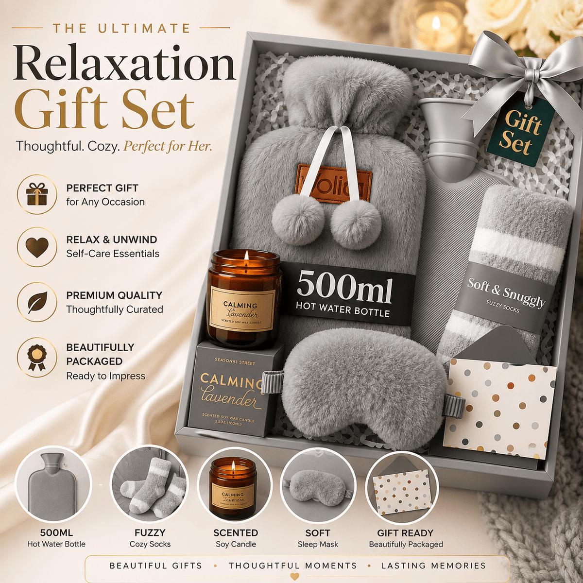 Gift Set with Pamper Her Hot Water Bottle Socks for practical home use - Grey option