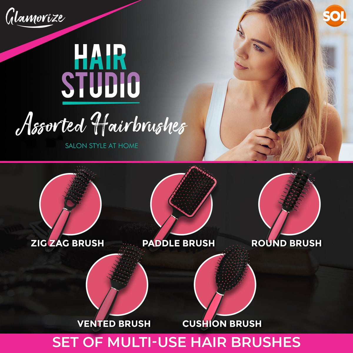 Hair Brush Set Women Piece Pink Paddle, Cushion, Round with 5 Piece - product gallery image 3