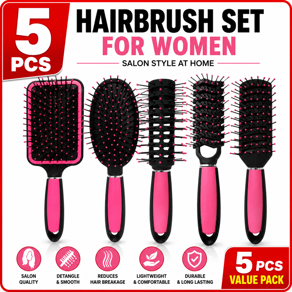 Hair Brush Set Women Piece Pink Paddle, Cushion, Round with 5 Piece