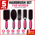Hair Brush Set Women Piece Pink Paddle, Cushion, Round with 5 Piece
