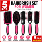 Hair Brush Set Women Piece Pink Paddle, Cushion, Round with 5 Piece