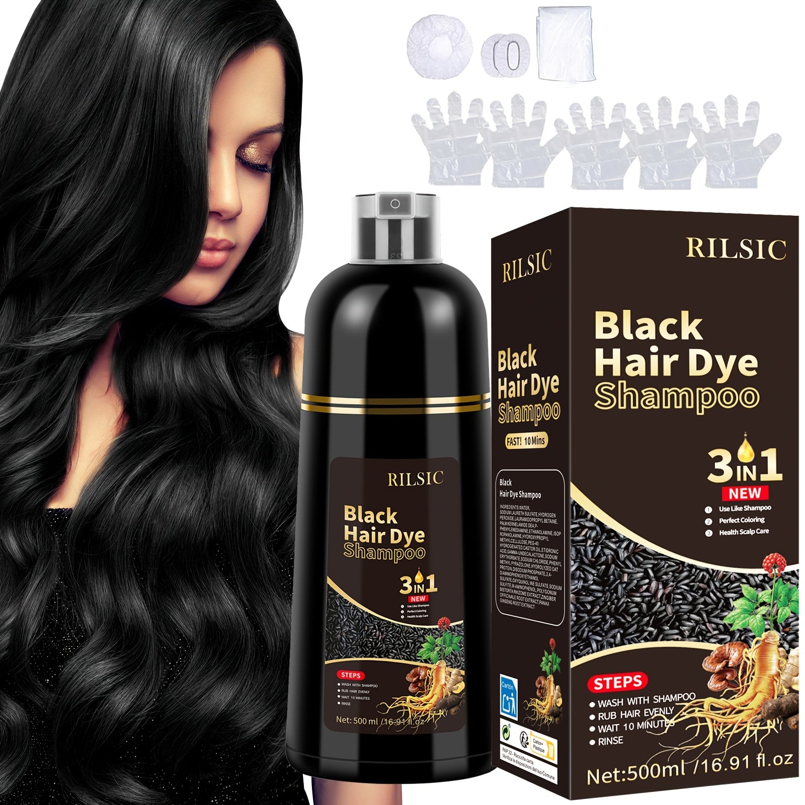 Hair Colour Shampoo Black 3-in-1 Kit with 500ml for hair, skin and beauty routines - Black option