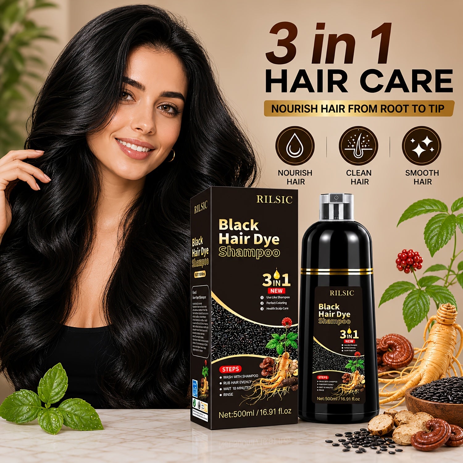 Hair Colour Shampoo Black 3-in-1 Kit with 500ml for hair, skin and beauty routines