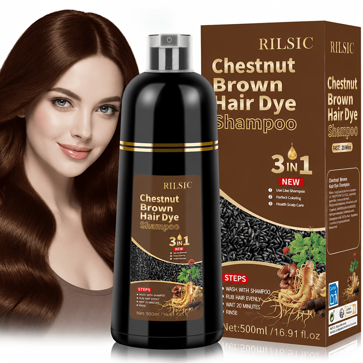 Hair Colouring Shampoo Herbal Dye 3-in-1 Instant Grey Men with 500ml - Chestnut Brown option