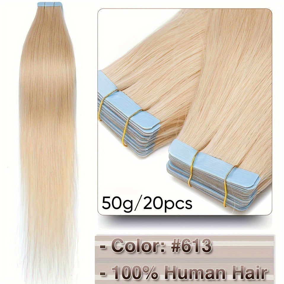 Hair Extension Brazilian Tape-In Human Extensions Density with 50g, 20pcs - 613#, 50.8cm option