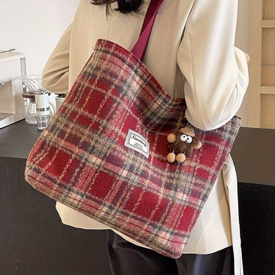 Handbag Tweed Plaid Shoulder Bag Women Spacious with Machine-Washable