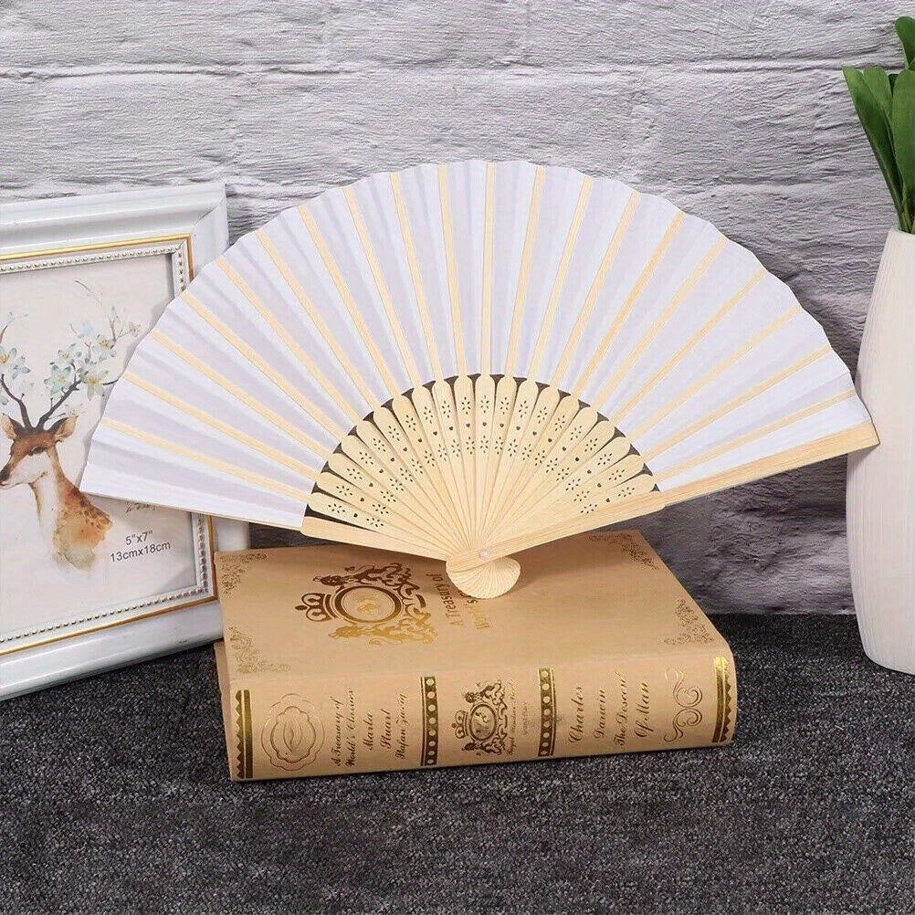 Handheld Fan White Paper Bamboo Folding Fans of with Foldable - product gallery image 5