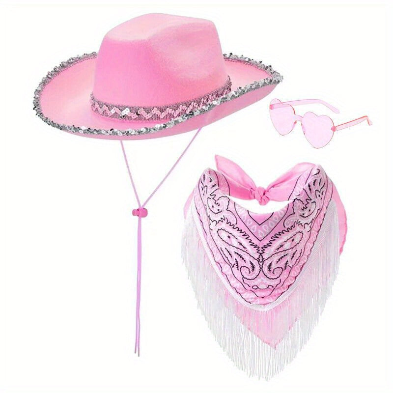 Hats & Costume Accessorie with Women Cowboy Cowgirl Hat Bandana Glasses - pink option